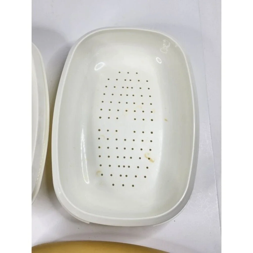 Vintage‎ Tupperware Microwave Steamer Oval 4 Piece Set Harvest Gold Strainer Lid